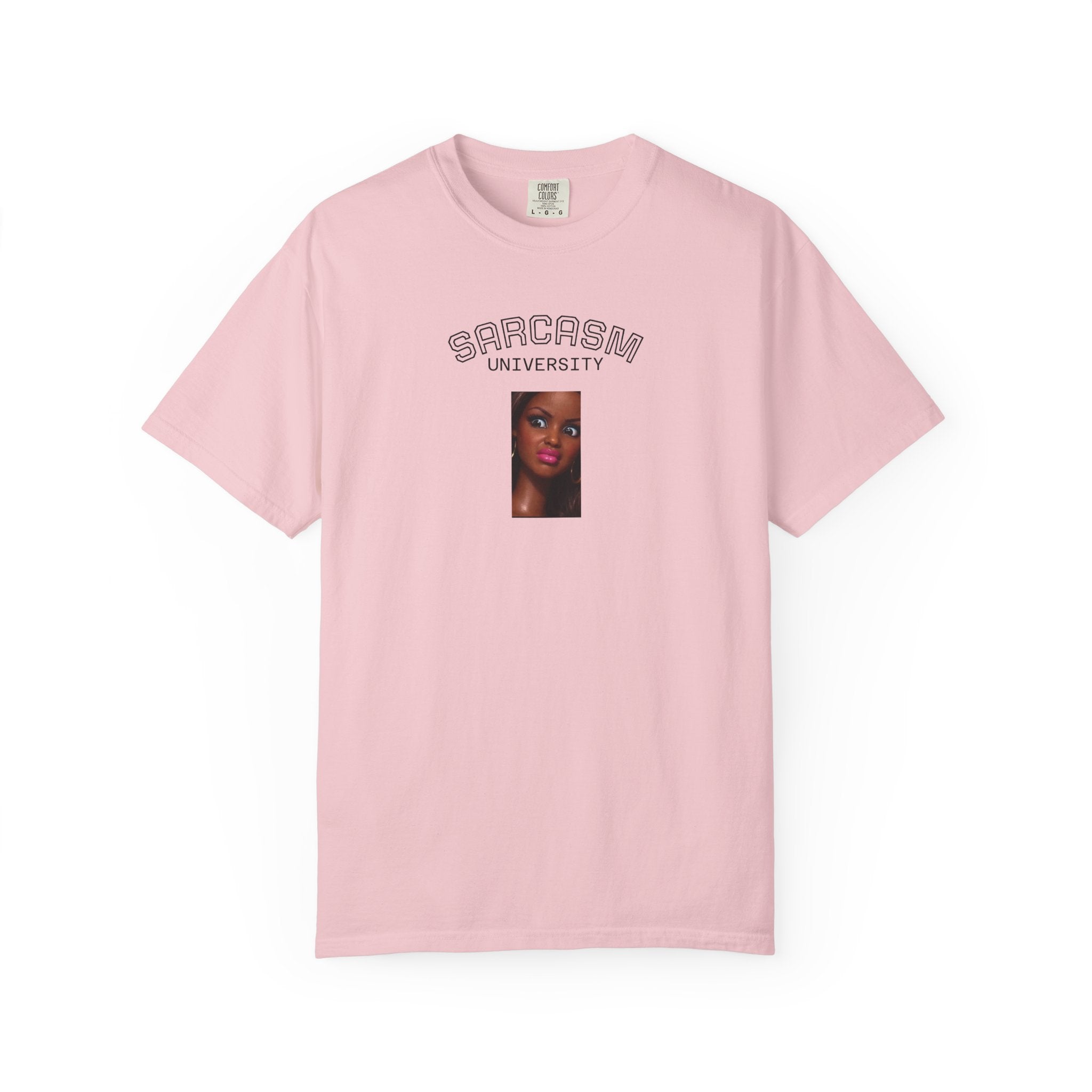 Barbie World Sarcasm University T-Shirt — Retro Portrait Tee with “#BarbieWorld” Back Script