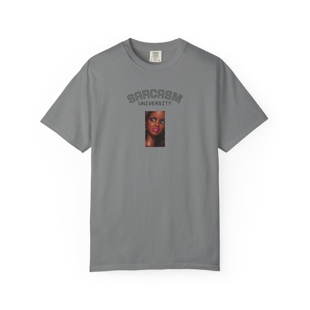 Barbie World Sarcasm University T-Shirt — Retro Portrait Tee with “#BarbieWorld” Back Script