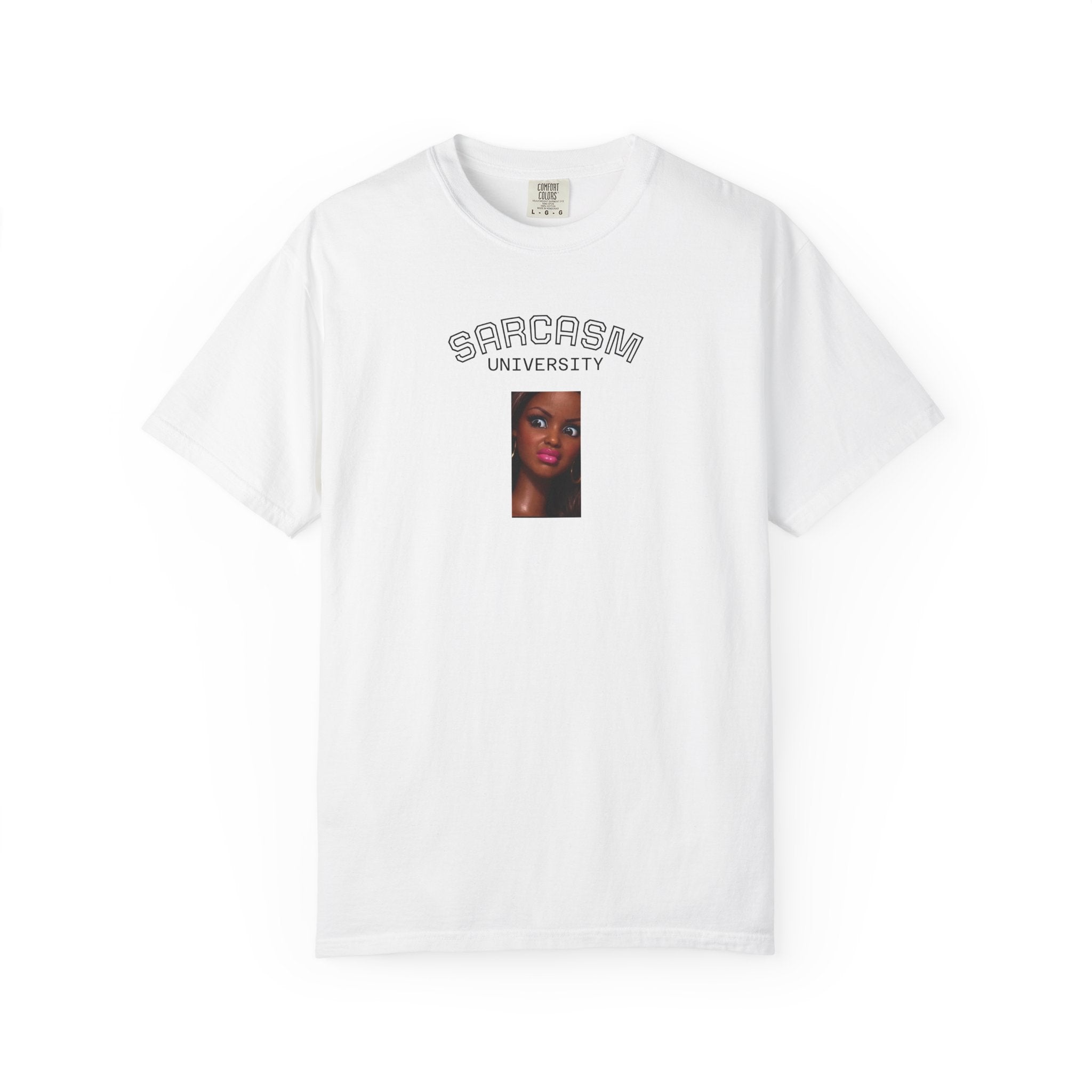 Barbie World Sarcasm University T-Shirt — Retro Portrait Tee with “#BarbieWorld” Back Script