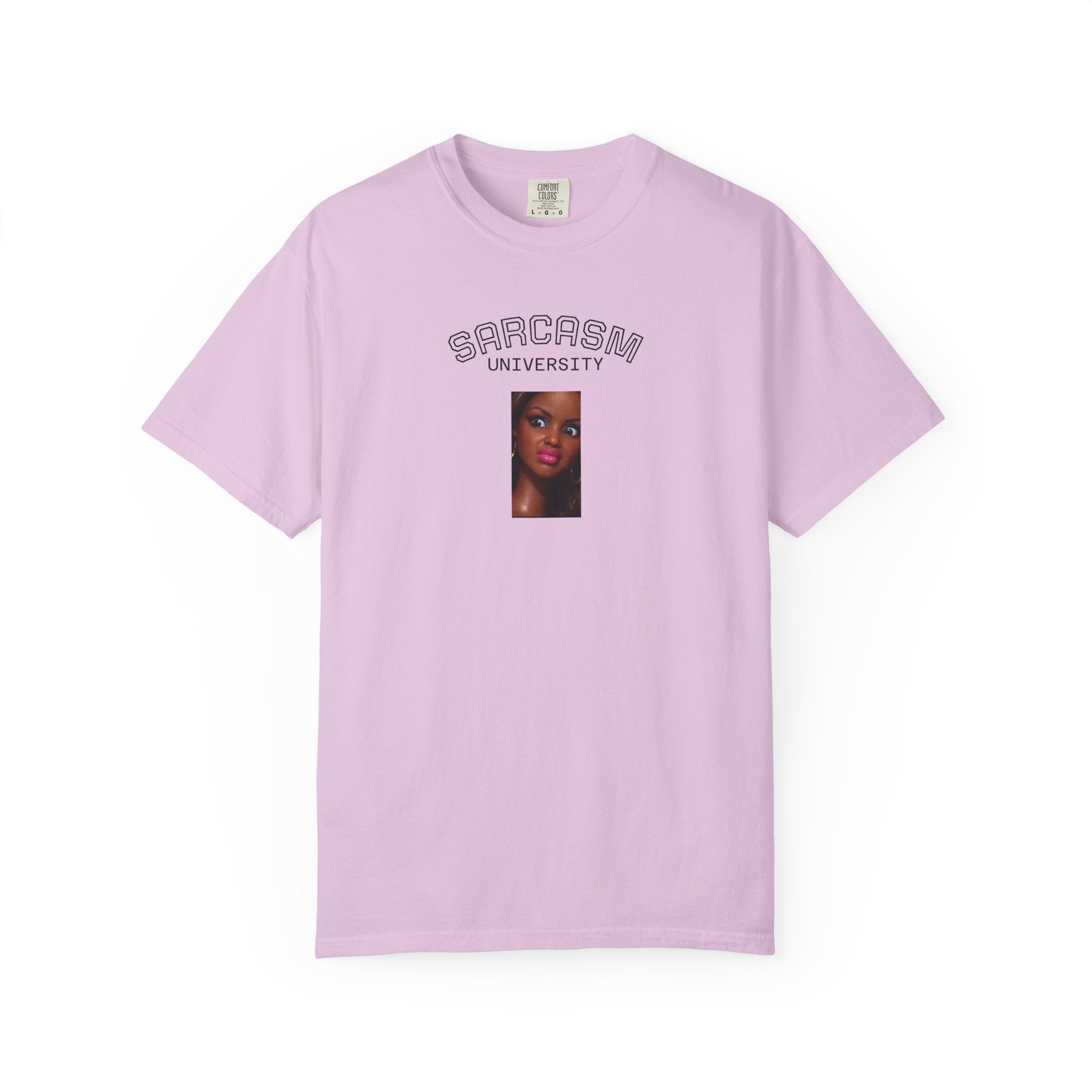 Barbie World Sarcasm University T-Shirt — Retro Portrait Tee with “#BarbieWorld” Back Script