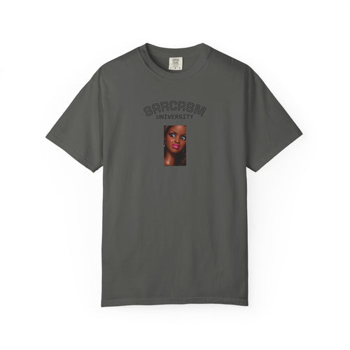 Barbie World Sarcasm University T-Shirt — Retro Portrait Tee with “#BarbieWorld” Back Script
